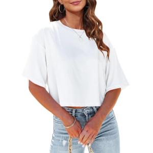 Tankaneo Women Half Sleeve Cropped T-Shirts Drop Shoulder Round Neck Crop Tops Casual Summer Solid Color Basic Tees(00-white)