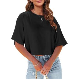 Tankaneo Women Half Sleeve Cropped T-Shirts Drop Shoulder Round Neck Crop Tops Casual Summer Solid Color Basic Tees(02-black)
