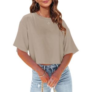 Tankaneo Women Half Sleeve Cropped T-Shirts Drop Shoulder Round Neck Crop Tops Casual Summer Solid Color Basic Tees(02-khaki)