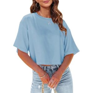 Tankaneo Women Half Sleeve Cropped T-Shirts Drop Shoulder Round Neck Crop Tops Casual Summer Solid Color Basic Tees(05-blue)