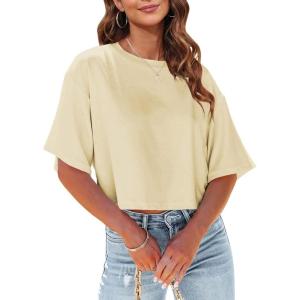 Tankaneo Women Half Sleeve Cropped T-Shirts Drop Shoulder Round Neck Crop Tops Casual Summer Solid Color Basic Tees(06-beige)