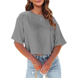 Tankaneo Women Half Sleeve Cropped T-Shirts Drop Shoulder Round Neck Crop Tops Casual Summer Solid Color Basic Tees(06-gray)