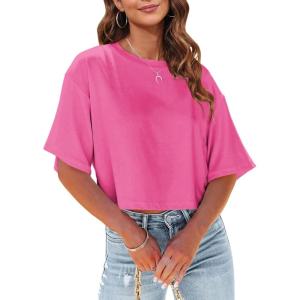 Tankaneo Women Half Sleeve Cropped T-Shirts Drop Shoulder Round Neck Crop Tops Casual Summer Solid Color Basic Tees(06-hot Pink)