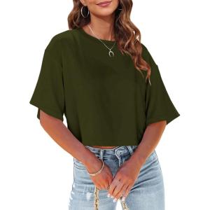Tankaneo Women Half Sleeve Cropped T-Shirts Drop Shoulder Round Neck Crop Tops Casual Summer Solid Color Basic Tees(07-army Green)