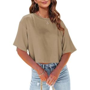 Tankaneo Women Half Sleeve Cropped T-Shirts Drop Shoulder Round Neck Crop Tops Casual Summer Solid Color Basic Tees(07-dark Khaki)