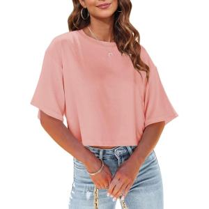 Tankaneo Women Half Sleeve Cropped T-Shirts Drop Shoulder Round Neck Crop Tops Casual Summer Solid Color Basic Tees(07-dark Pink)