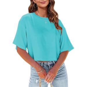 Tankaneo Women Half Sleeve Cropped T-Shirts Drop Shoulder Round Neck Crop Tops Casual Summer Solid Color Basic Tees(07-lake Blue)
