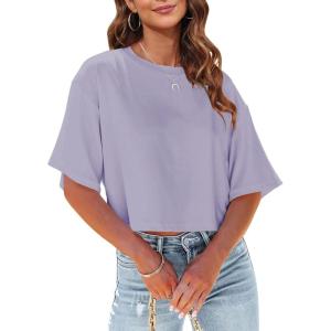 Tankaneo Women Half Sleeve Cropped T-Shirts Drop Shoulder Round Neck Crop Tops Casual Summer Solid Color Basic Tees(07-light Purple)