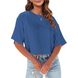 Tankaneo Women Half Sleeve Cropped T-Shirts Drop Shoulder Round Neck Crop Tops Casual Summer Solid Color Basic Tees(08-navy Blue)