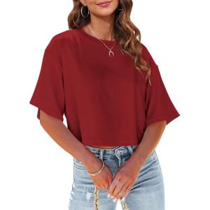 Tankaneo Women Half Sleeve Cropped T-Shirts Drop Shoulder Round Neck Crop Tops Casual Summer Solid Color Basic Tees(10-red)
