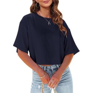 Tankaneo Women Half Sleeve Cropped T-Shirts Drop Shoulder Round Neck Crop Tops Casual Summer Solid Color Basic Tees(11-dark Blue)