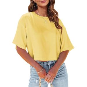 Tankaneo Women Half Sleeve Cropped T-Shirts Drop Shoulder Round Neck Crop Tops Casual Summer Solid Color Basic Tees(12-yellow)