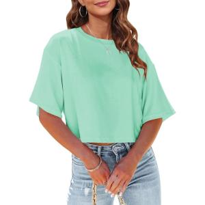 Tankaneo Women Half Sleeve Cropped T-Shirts Drop Shoulder Round Neck Crop Tops Casual Summer Solid Color Basic Tees(13-mint)