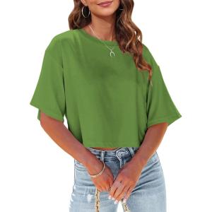 Tankaneo Women Half Sleeve Cropped T-Shirts Drop Shoulder Round Neck Crop Tops Casual Summer Solid Color Basic Tees(16-green)