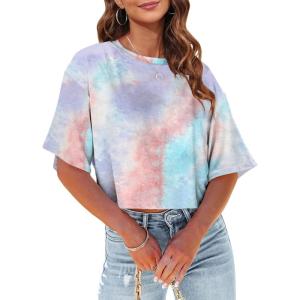 Tankaneo Women Half Sleeve Cropped T-Shirts Drop Shoulder Round Neck Crop Tops Casual Summer Solid Color Basic Tees(18-light Purple)