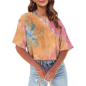 Tankaneo Women Half Sleeve Cropped T-Shirts Drop Shoulder Round Neck Crop Tops Casual Summer Solid Color Basic Tees(19-orange)