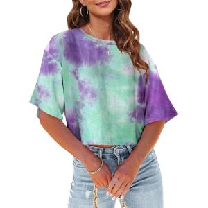 Tankaneo Women Half Sleeve Cropped T-Shirts Drop Shoulder Round Neck Crop Tops Casual Summer Solid Color Basic Tees(21-mint)