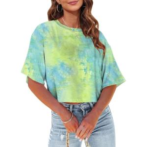 Tankaneo Women Half Sleeve Cropped T-Shirts Drop Shoulder Round Neck Crop Tops Casual Summer Solid Color Basic Tees(23-green)
