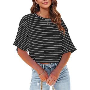 Tankaneo Women Half Sleeve Cropped T-Shirts Drop Shoulder Round Neck Crop Tops Casual Summer Solid Color Basic Tees(A00-black)