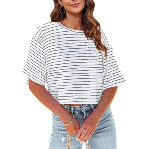 Tankaneo Women Half Sleeve Cropped T-Shirts Drop Shoulder Round Neck Crop Tops Casual Summer Solid Color Basic Tees(A00-white)