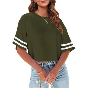 Tankaneo Women Half Sleeve Cropped T-Shirts Drop Shoulder Round Neck Crop Tops Casual Summer Solid Color Basic Tees(Z03-army Green)