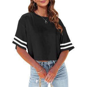 Tankaneo Women Half Sleeve Cropped T-Shirts Drop Shoulder Round Neck Crop Tops Casual Summer Solid Color Basic Tees(Z03-black)