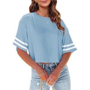 Tankaneo Women Half Sleeve Cropped T-Shirts Drop Shoulder Round Neck Crop Tops Casual Summer Solid Color Basic Tees(Z03-sky Blue)