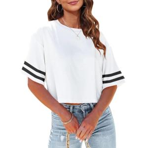 Tankaneo Women Half Sleeve Cropped T-Shirts Drop Shoulder Round Neck Crop Tops Casual Summer Solid Color Basic Tees(Z03-white)