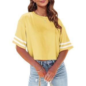 Tankaneo Women Half Sleeve Cropped T-Shirts Drop Shoulder Round Neck Crop Tops Casual Summer Solid Color Basic Tees(Z03-yellow)