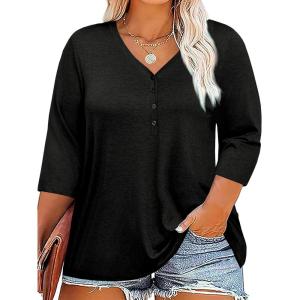 Tankaneo Women Plus Size Tops V Neck 3/4 Sleeve Casual T Shirts Loose Basic Tunic Tees(Black)