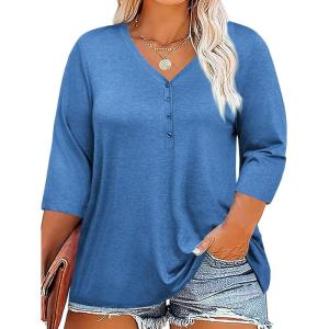 Tankaneo Women Plus Size Tops V Neck 3/4 Sleeve Casual T Shirts Loose Basic Tunic Tees(Blue)