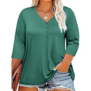 Tankaneo Women Plus Size Tops V Neck 3/4 Sleeve Casual T Shirts Loose Basic Tunic Tees(Green)