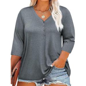 Tankaneo Women Plus Size Tops V Neck 3/4 Sleeve Casual T Shirts Loose Basic Tunic Tees(Grey)
