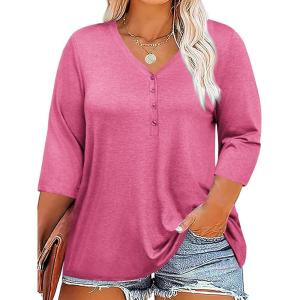 Tankaneo Women Plus Size Tops V Neck 3/4 Sleeve Casual T Shirts Loose Basic Tunic Tees(Hot Pink)