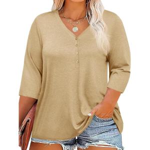 Tankaneo Women Plus Size Tops V Neck 3/4 Sleeve Casual T Shirts Loose Basic Tunic Tees(Khaki)