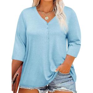 Tankaneo Women Plus Size Tops V Neck 3/4 Sleeve Casual T Shirts Loose Basic Tunic Tees(Light Blue)