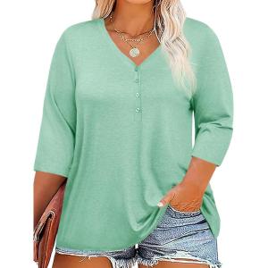 Tankaneo Women Plus Size Tops V Neck 3/4 Sleeve Casual T Shirts Loose Basic Tunic Tees(Light Green)