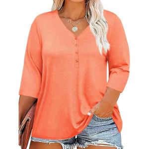 Tankaneo Women Plus Size Tops V Neck 3/4 Sleeve Casual T Shirts Loose Basic Tunic Tees(Orange)