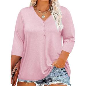 Tankaneo Women Plus Size Tops V Neck 3/4 Sleeve Casual T Shirts Loose Basic Tunic Tees(Pink)