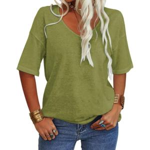 Tankaneo Women’s 3/4 Sleeve Shirts V Neck Loose Fitting Tops Casual Solid Color Tshirts Trendy Basic Tunic Summer Ladies Tops(Avocado Green)