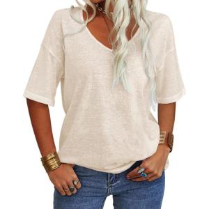 Tankaneo Women’s 3/4 Sleeve Shirts V Neck Loose Fitting Tops Casual Solid Color Tshirts Trendy Basic Tunic Summer Ladies Tops(Beige)