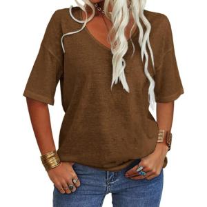 Tankaneo Women’s 3/4 Sleeve Shirts V Neck Loose Fitting Tops Casual Solid Color Tshirts Trendy Basic Tunic Summer Ladies Tops(Brown)