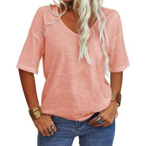 Tankaneo Women’s 3/4 Sleeve Shirts V Neck Loose Fitting Tops Casual Solid Color Tshirts Trendy Basic Tunic Summer Ladies Tops(Dark Pink)