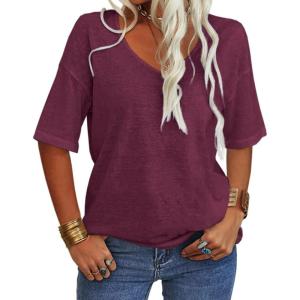 Tankaneo Women’s 3/4 Sleeve Shirts V Neck Loose Fitting Tops Casual Solid Color Tshirts Trendy Basic Tunic Summer Ladies Tops(Fuchsia)