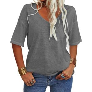 Tankaneo Women’s 3/4 Sleeve Shirts V Neck Loose Fitting Tops Casual Solid Color Tshirts Trendy Basic Tunic Summer Ladies Tops(Gray)
