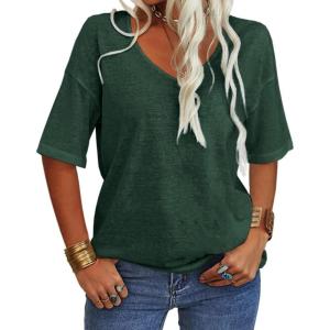 Tankaneo Women’s 3/4 Sleeve Shirts V Neck Loose Fitting Tops Casual Solid Color Tshirts Trendy Basic Tunic Summer Ladies Tops(Green)