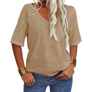 Tankaneo Women’s 3/4 Sleeve Shirts V Neck Loose Fitting Tops Casual Solid Color Tshirts Trendy Basic Tunic Summer Ladies Tops(Kaki)