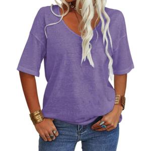 Tankaneo Women’s 3/4 Sleeve Shirts V Neck Loose Fitting Tops Casual Solid Color Tshirts Trendy Basic Tunic Summer Ladies Tops(Light Purple)