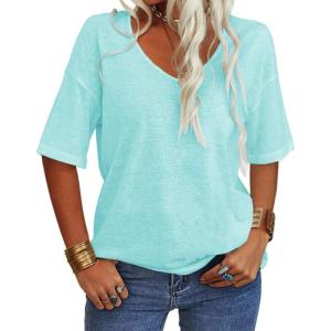 Tankaneo Women’s 3/4 Sleeve Shirts V Neck Loose Fitting Tops Casual Solid Color Tshirts Trendy Basic Tunic Summer Ladies Tops(Mint)