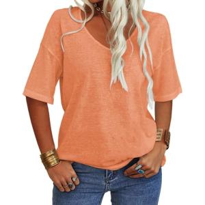 Tankaneo Women’s 3/4 Sleeve Shirts V Neck Loose Fitting Tops Casual Solid Color Tshirts Trendy Basic Tunic Summer Ladies Tops(Orange)